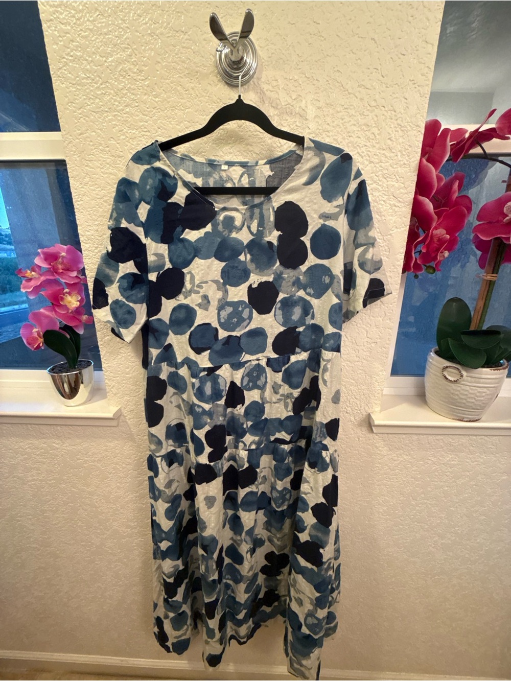 Lagenlook Inspired Blue Abstract Print Tiered Maxi Dress Cotton Blend S- Large - Picture 6 of 17